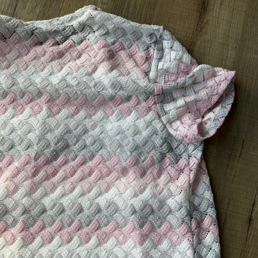 Y2K Alfred Dunner Crochet Twofer Women's Size Medium Pink Gray White Stripe Boho - Picture 6 of 7